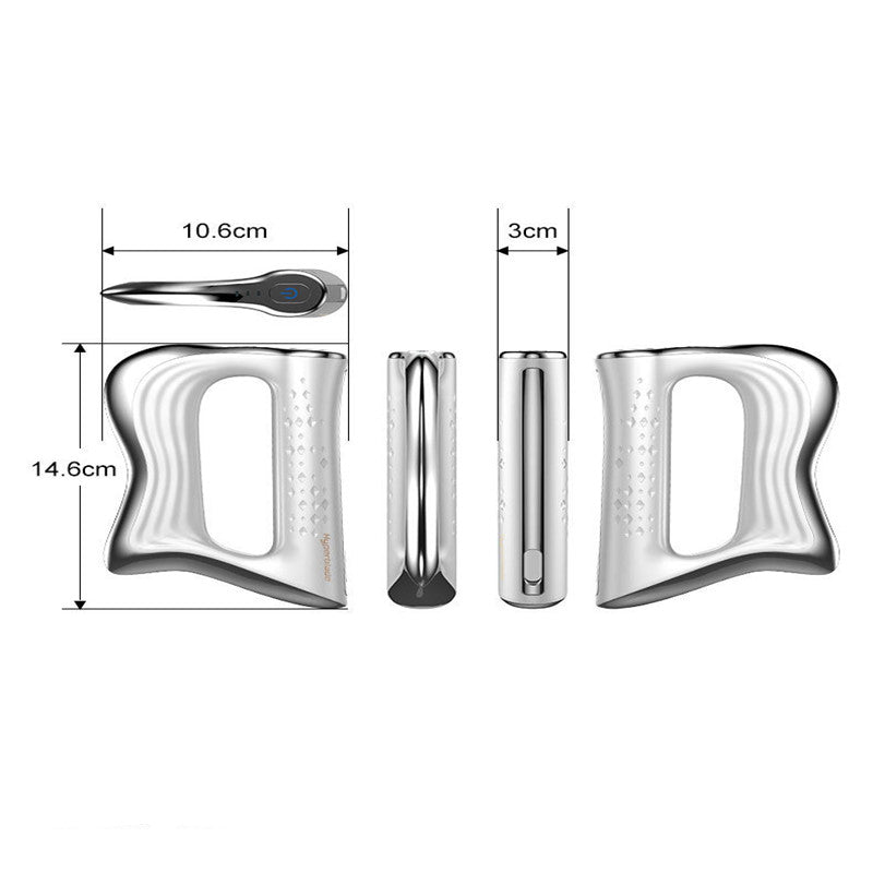 White electric fascia knife massager, side view with attachments and size diagram