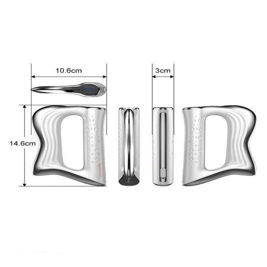 White electric fascia knife massager, side view with attachments and size diagram