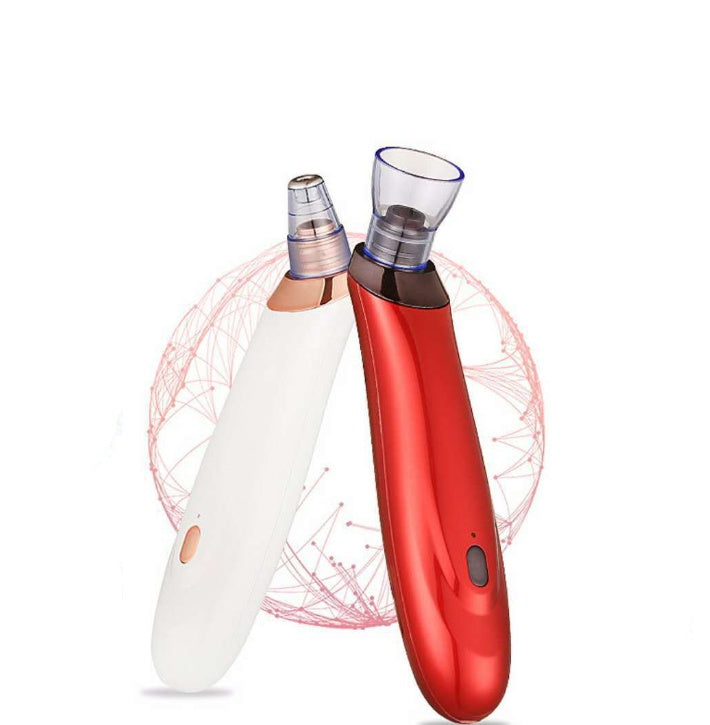 Electric blackhead remover duo in red and white with clear suction head attachments.