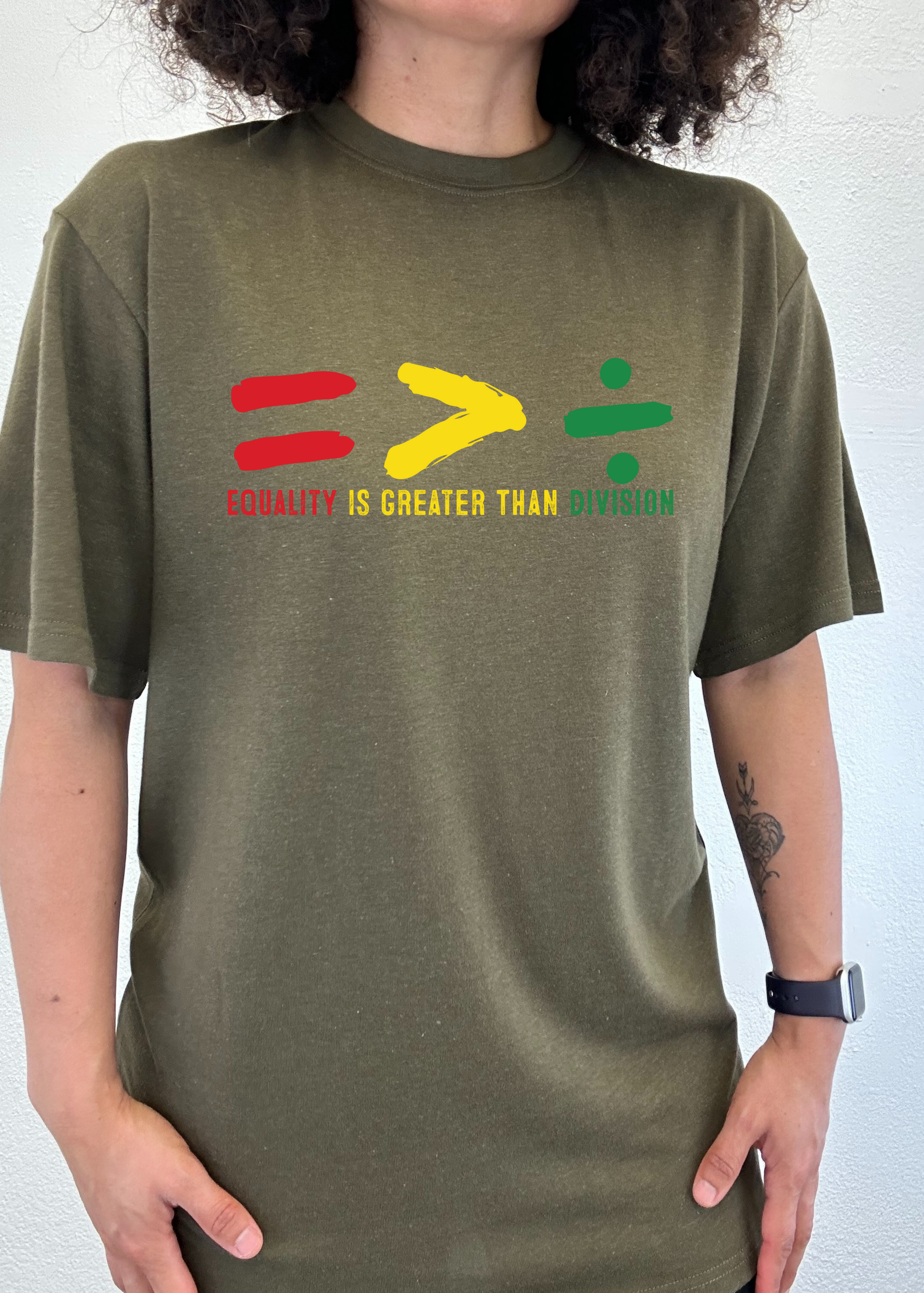 Unisex olive-green graphic t-shirt with multicolor Equality slogan and symbol print
