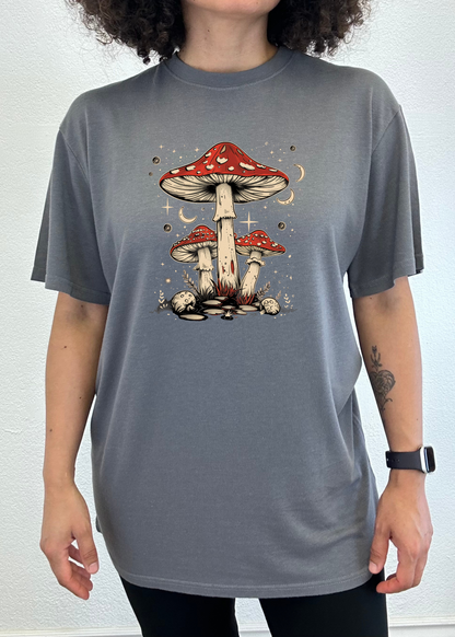 Unisex graphic t-shirt in medium gray with red mushroom artwork centered