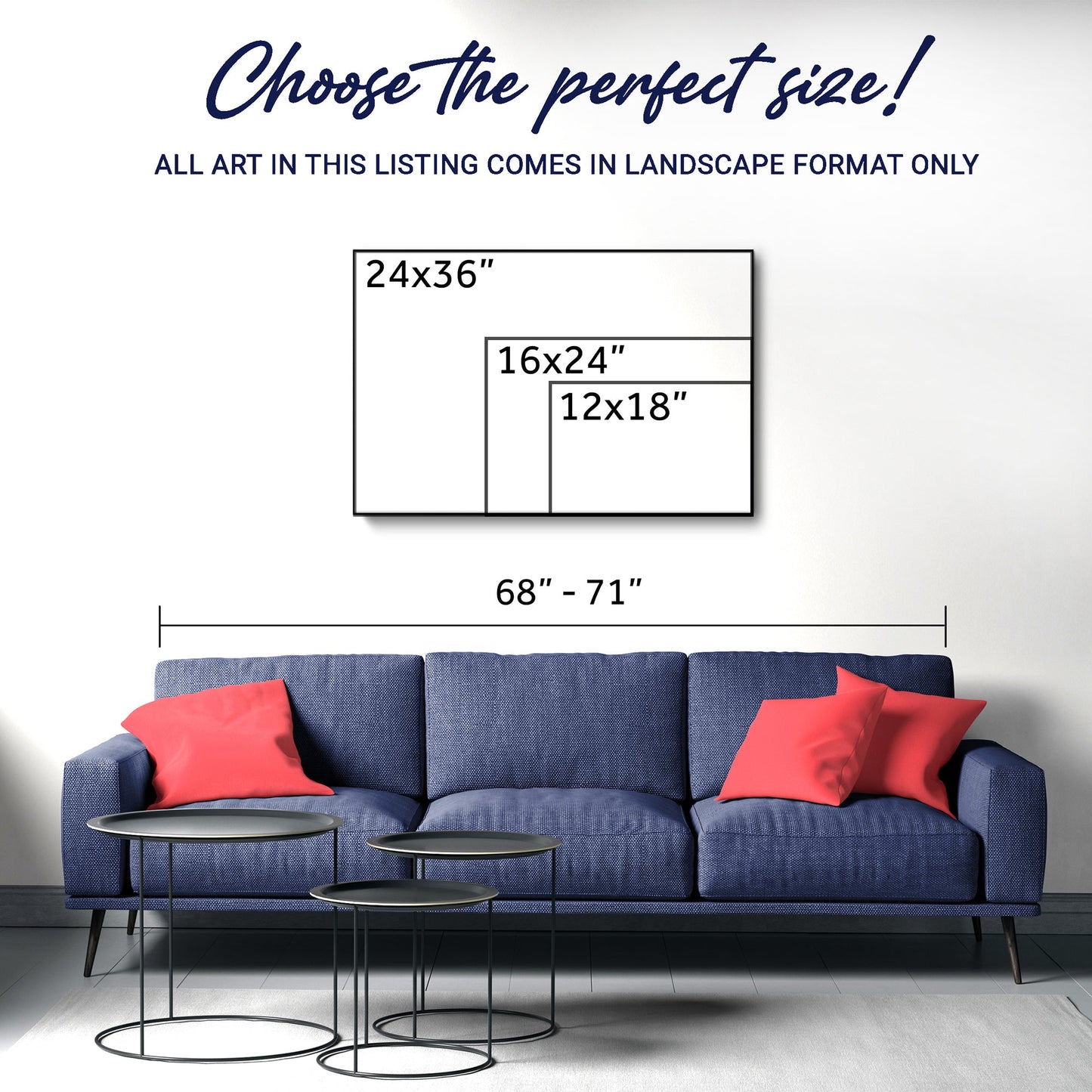 Landscape wall art size chart graphic with three size options over a sofa