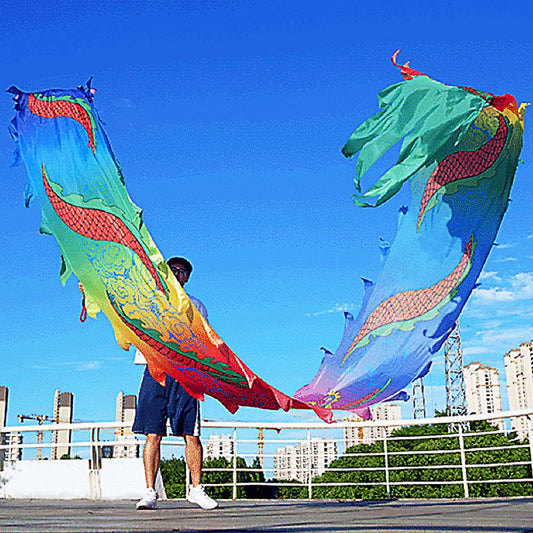 19.6ft Washable Silk-like Dragon Poi for Kids & Adults, 6 meters of Outdoor Flinging Fitness Dance with 3D Rainbow Color Dragon Ribbon Streamer Set - Renee Lane Company