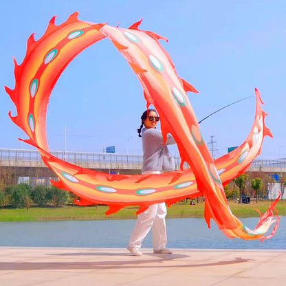 19.6ft Washable Silk-like Dragon Poi for Kids & Adults, 6 meters of Outdoor Flinging Fitness Dance with 3D Rainbow Color Dragon Ribbon Streamer Set - Renee Lane Company