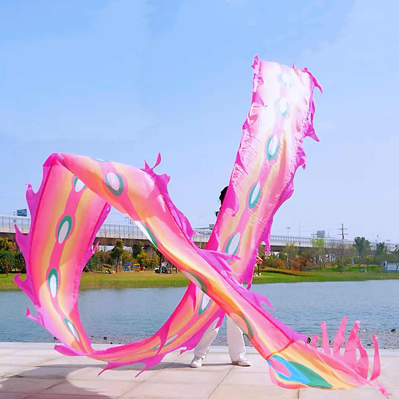 19.6ft Washable Silk-like Dragon Poi for Kids & Adults, 6 meters of Outdoor Flinging Fitness Dance with 3D Rainbow Color Dragon Ribbon Streamer Set - Renee Lane Company