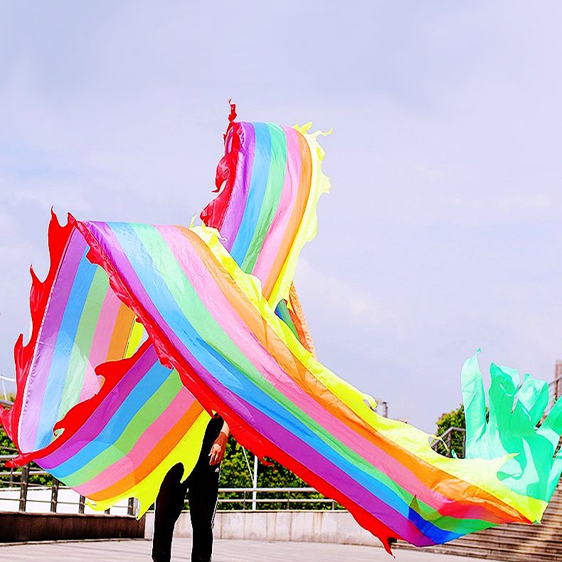 19.6ft Washable Silk-like Dragon Poi for Kids & Adults, 6 meters of Outdoor Flinging Fitness Dance with 3D Rainbow Color Dragon Ribbon Streamer Set - Renee Lane Company