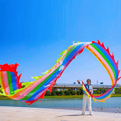 19.6ft Washable Silk-like Dragon Poi for Kids & Adults, 6 meters of Outdoor Flinging Fitness Dance with 3D Rainbow Color Dragon Ribbon Streamer Set - Renee Lane Company