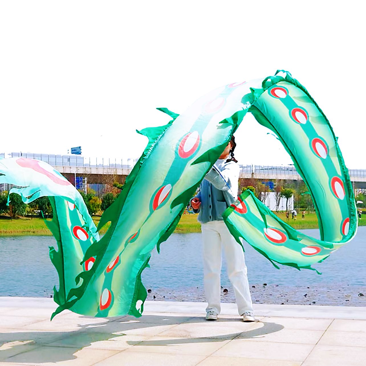 19.6ft Washable Silk-like Dragon Poi for Kids & Adults, 6 meters of Outdoor Flinging Fitness Dance with 3D Rainbow Color Dragon Ribbon Streamer Set - Renee Lane Company