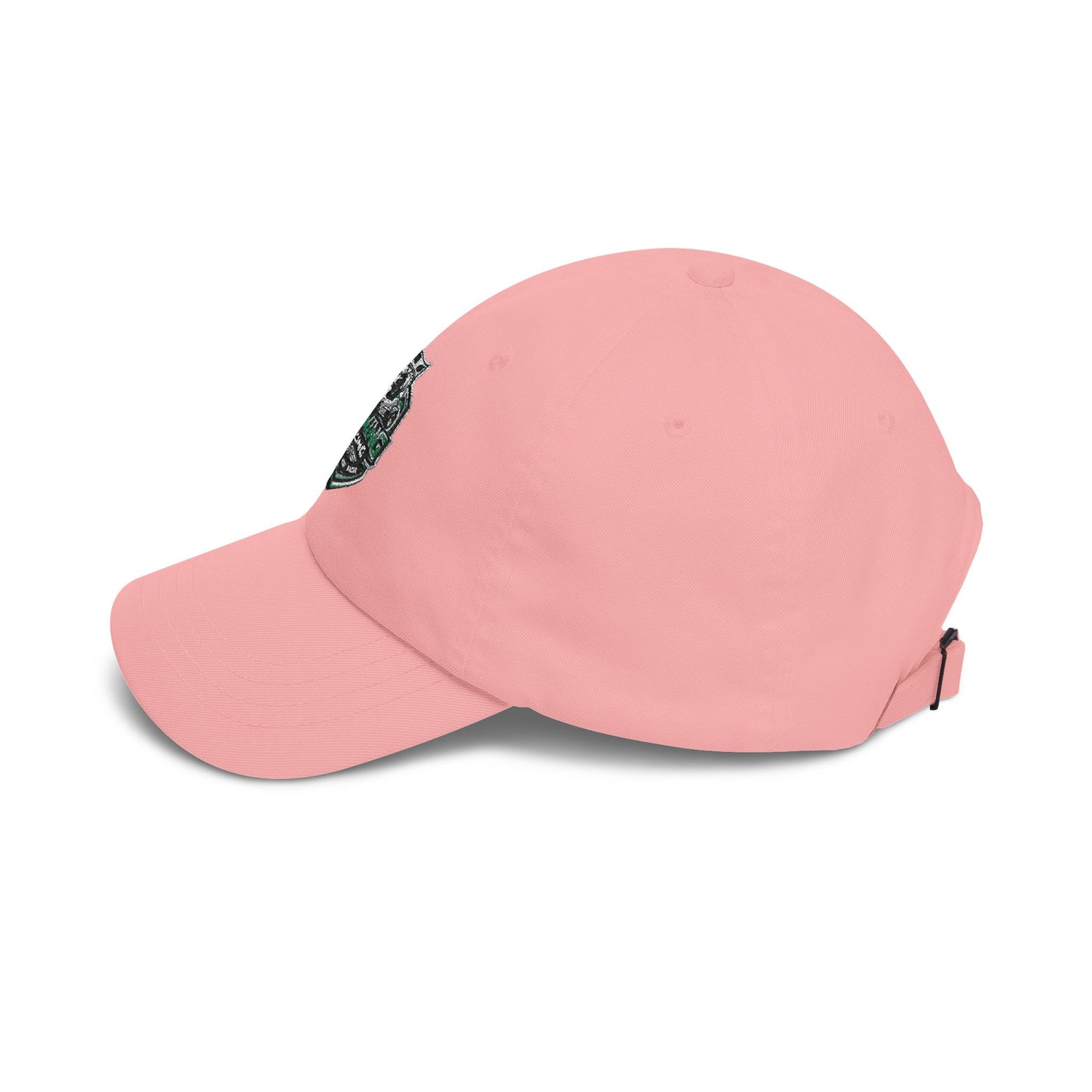 Soccer crest cap in pink with green crest patch and curved brim