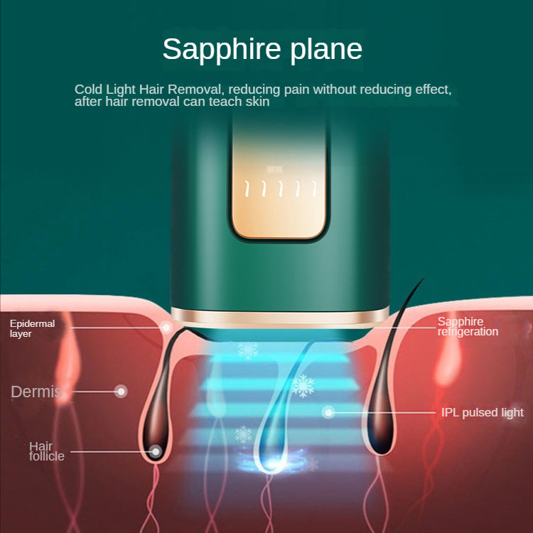 Green laser hair remover with sapphire treatment window and blue light therapy display