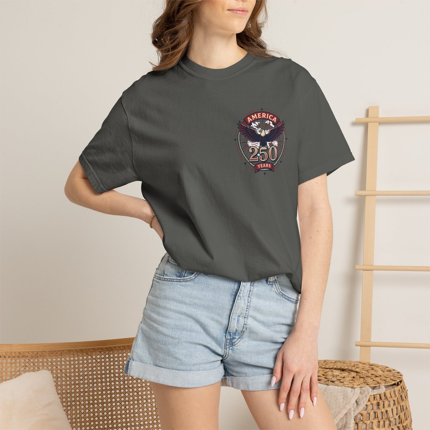 Charcoal gray T-shirt with round “America 250 Years” emblem chest print