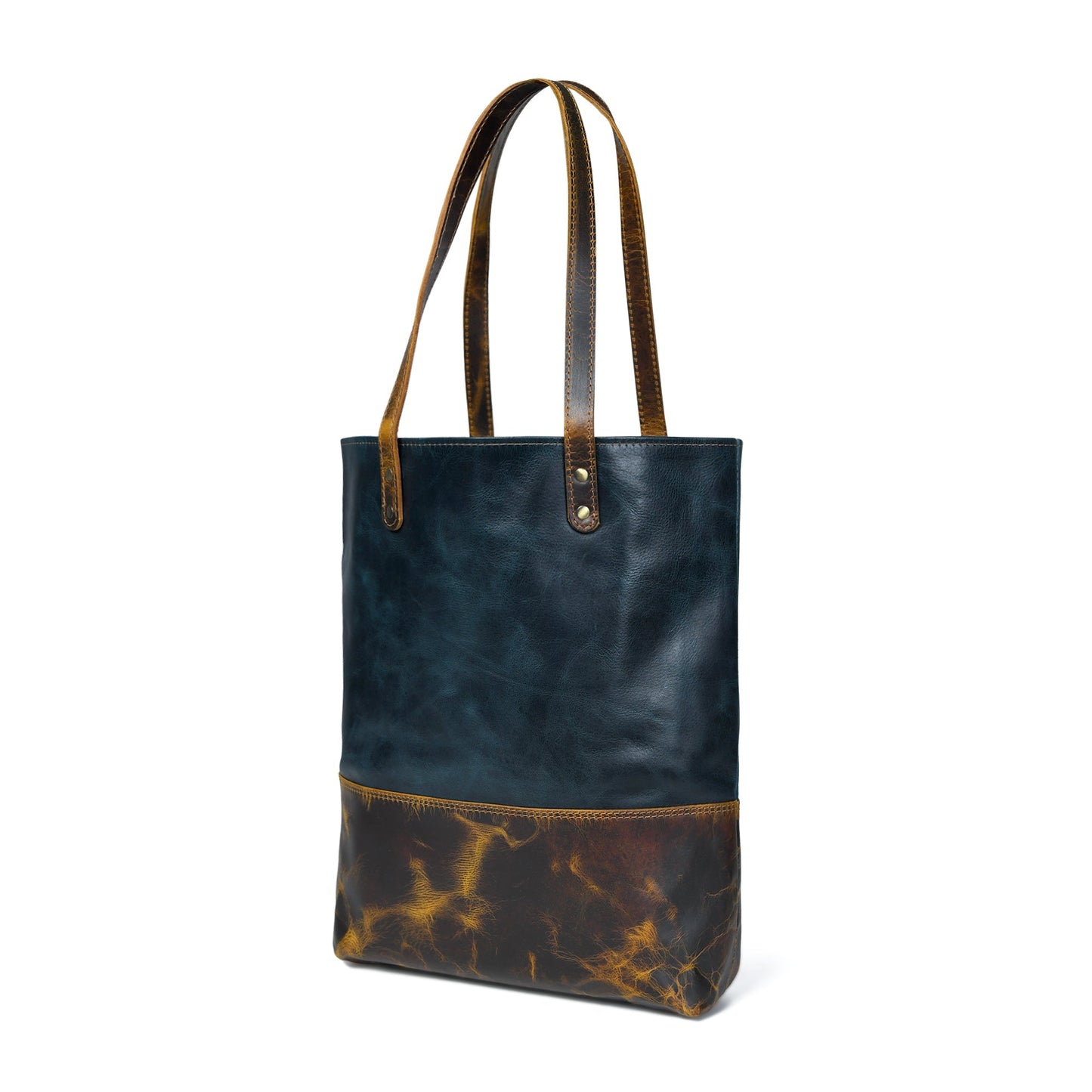 Dark blue leather tote with tan-brown bottom panel and twin top handles