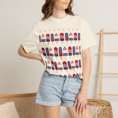 White graphic T-shirt with rows of American flag popsicle prints