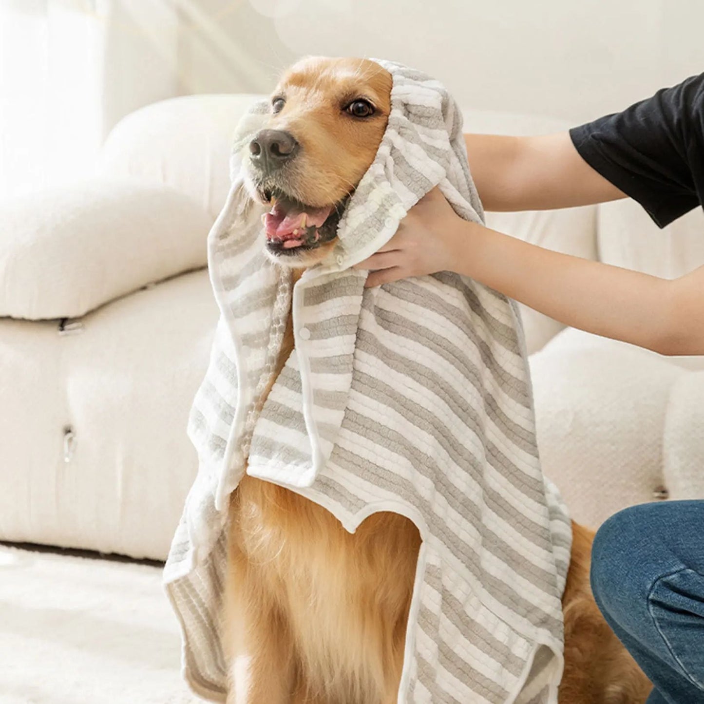 Hooded striped dog bath towel robe with long front wrap, terry texture