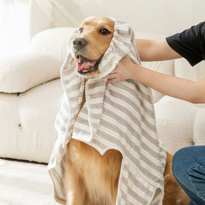 Hooded striped dog bath towel robe with long front wrap, terry texture