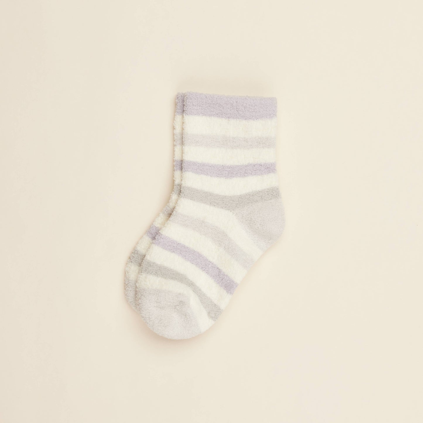 Single cream crew sock with lilac and gray horizontal stripes