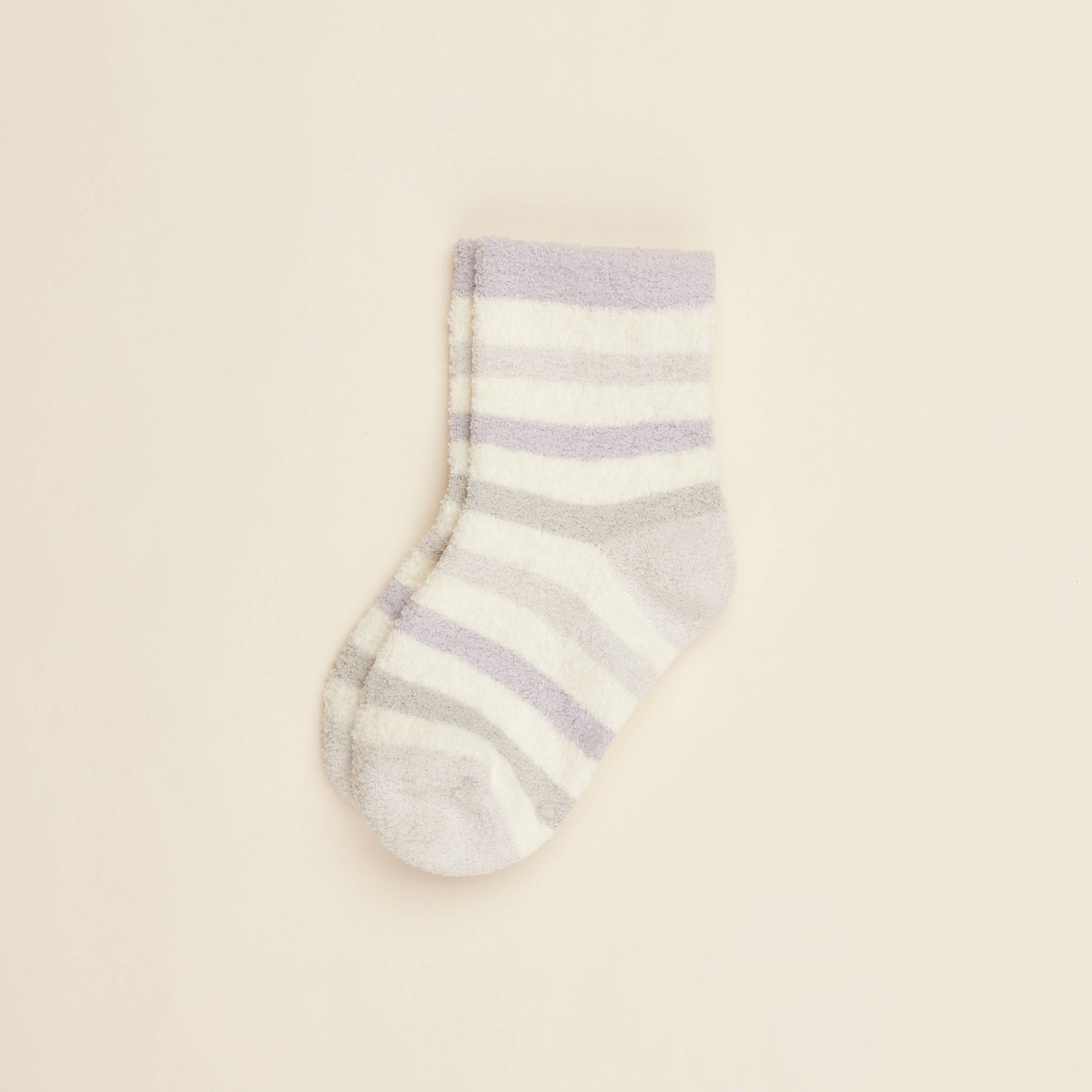 Single cream crew sock with lilac and gray horizontal stripes