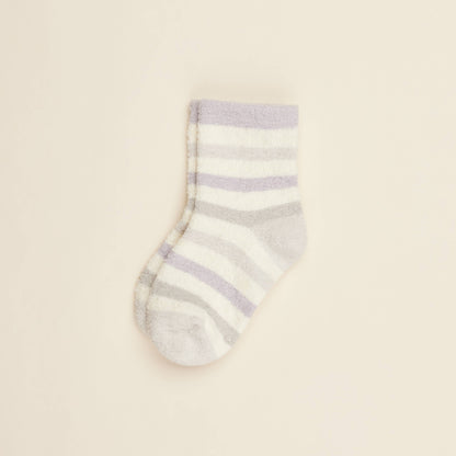 Single cream crew sock with lilac and gray horizontal stripes