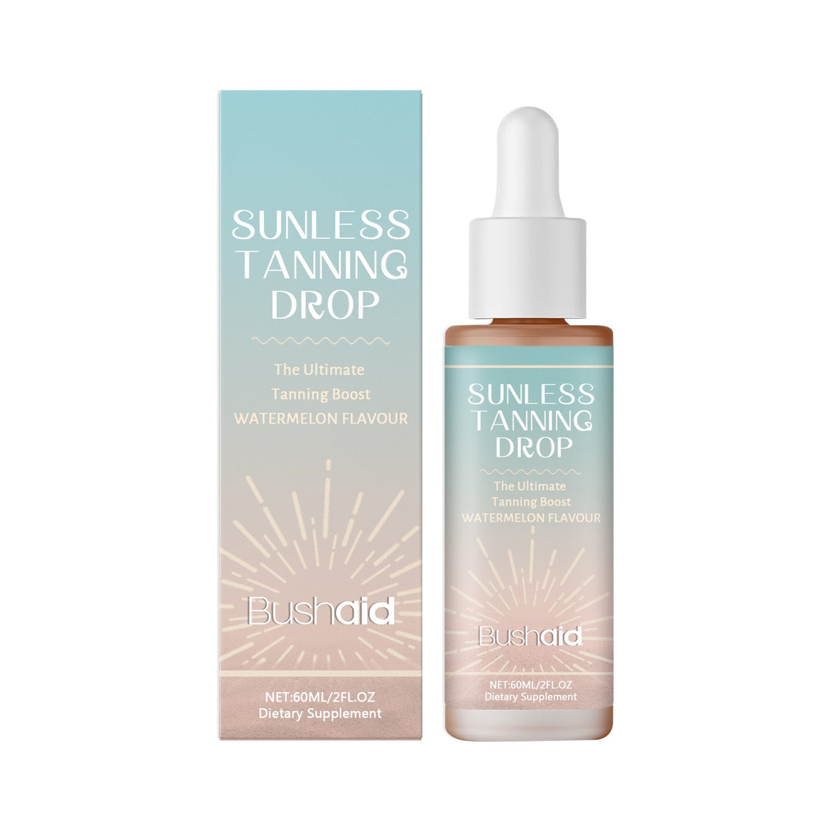 Bushaid sunless tanning drop oral bottle with white dropper and matching box