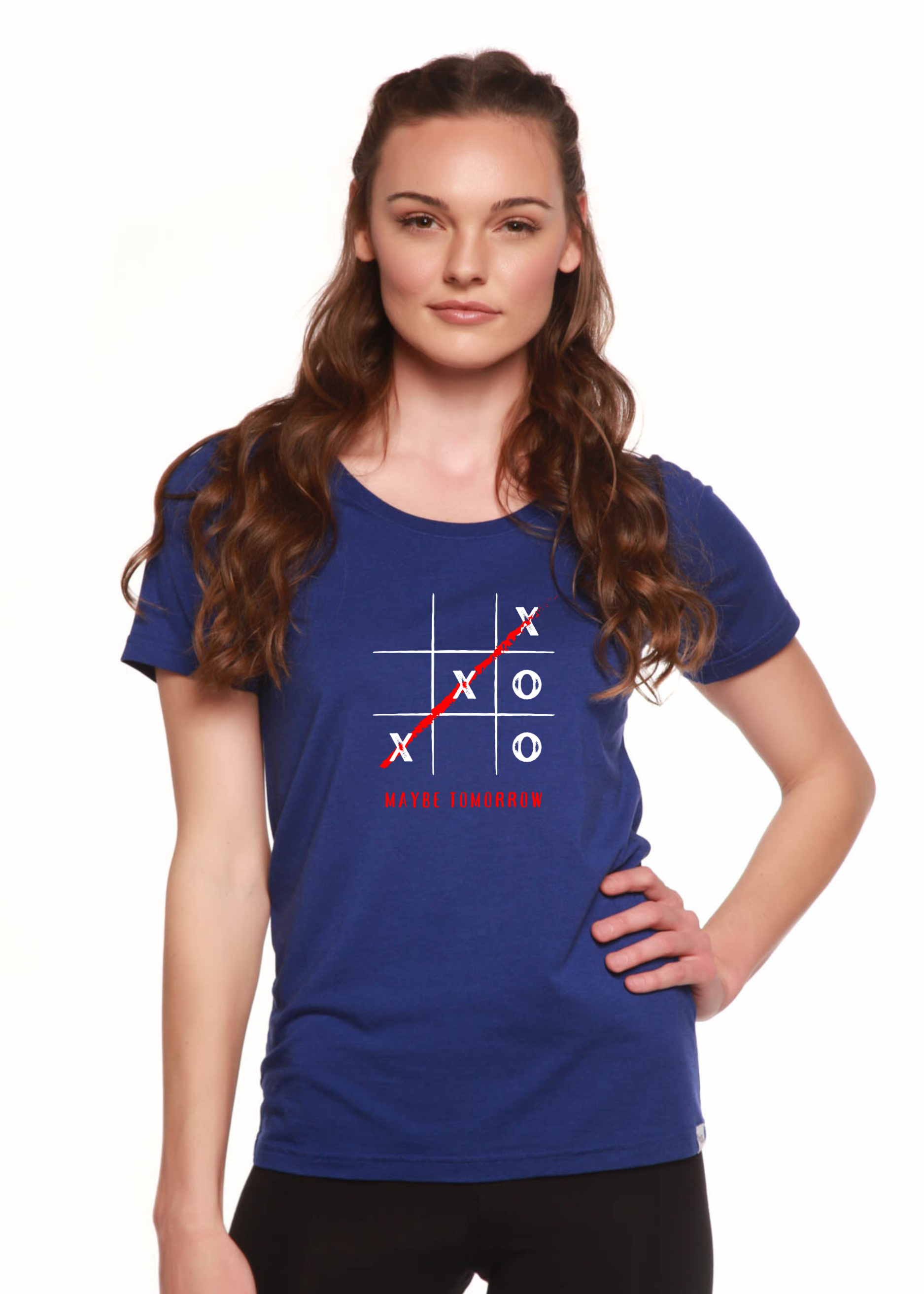 Women’s sapphire-blue scoop-neck graphic T-shirt with red X and circle pattern