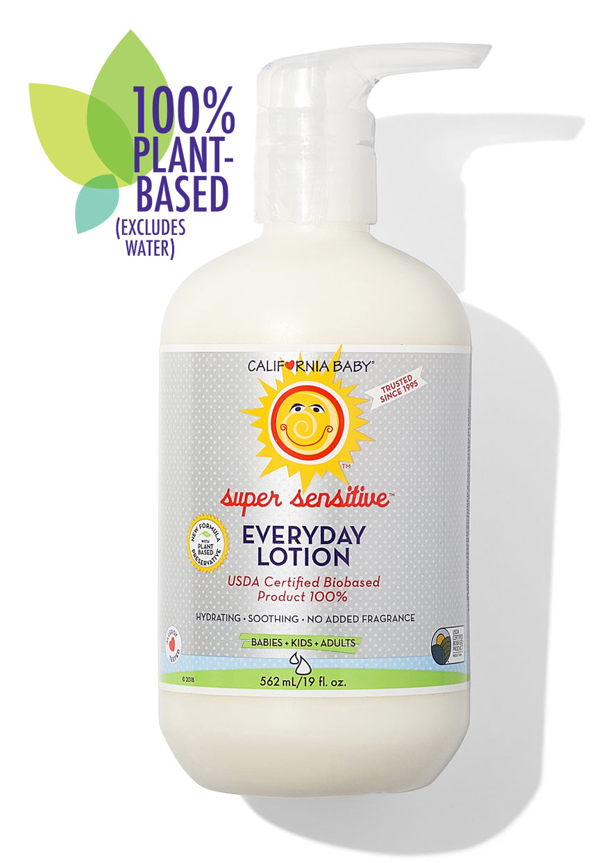 Fragrance-free everyday lotion bottle with pump, large front label on white container