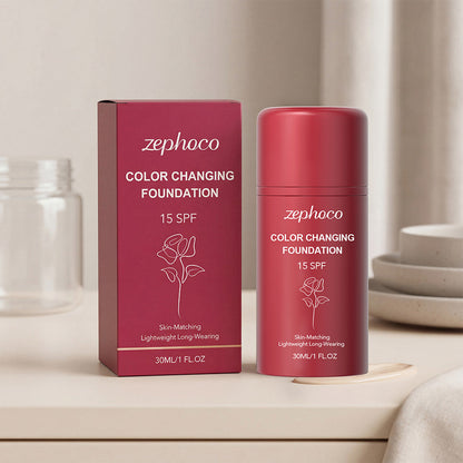 Zephoco color-changing sunscreen foundation box and bottle, 15 SPF, 30 ml on shelf