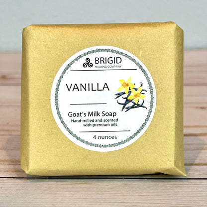 Vanilla goat milk soap bar in yellow kraft box, 4 oz