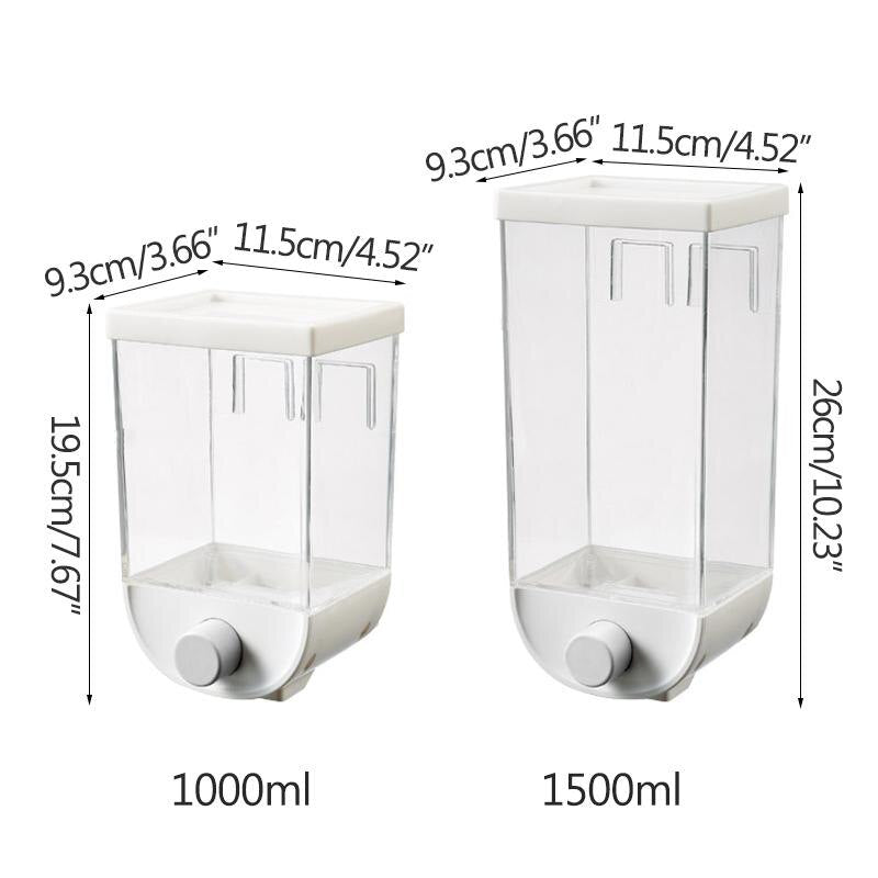 White wall-mounted sealed grain jar with clear bin and front push lever