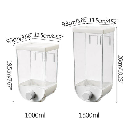 White wall-mounted sealed grain jar with clear bin and front push lever