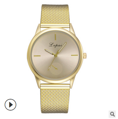 Gold fashion watch with round cream dial and gold metal mesh strap