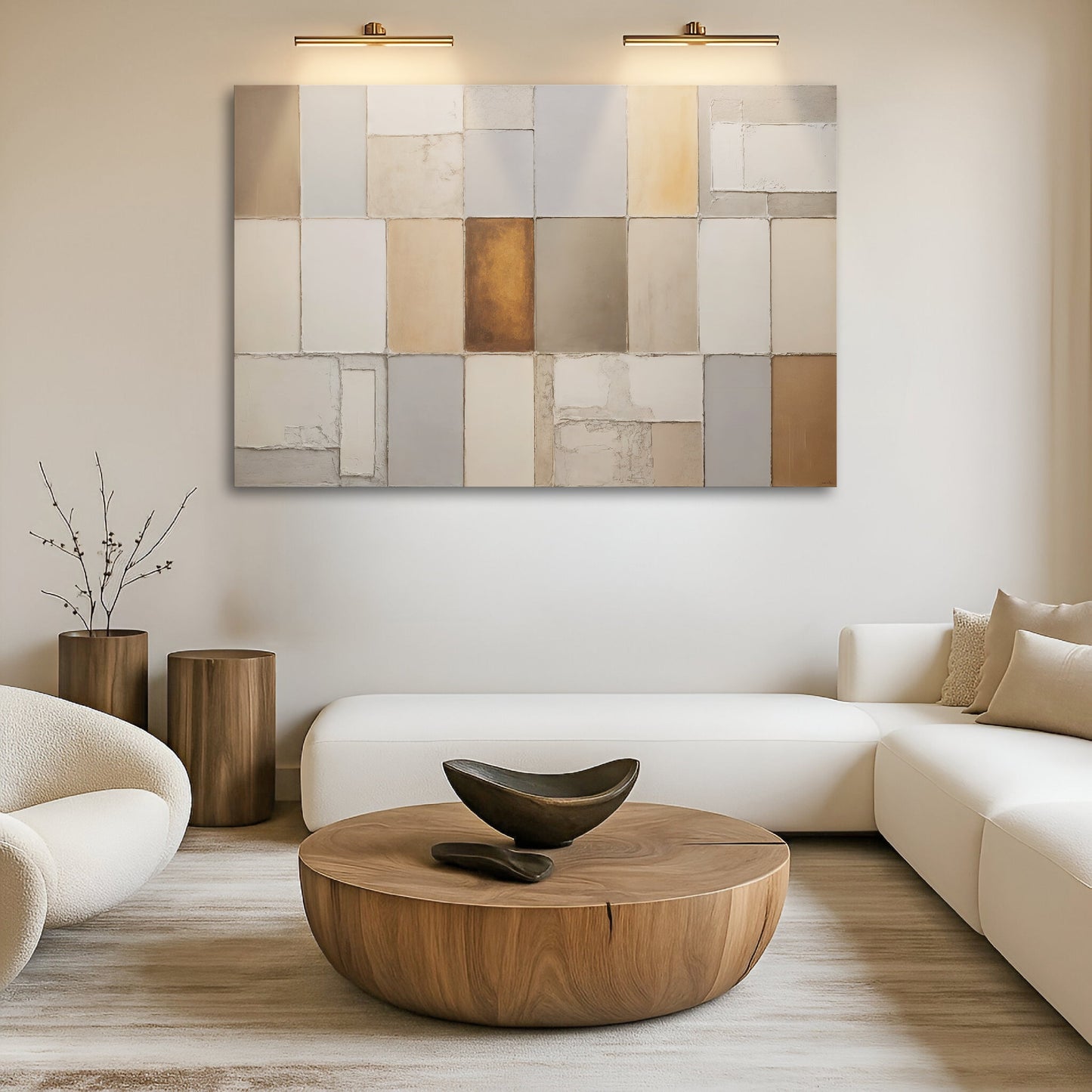 Patchwork geometric wall art with light beige, gray, and warm gold rectangle accents