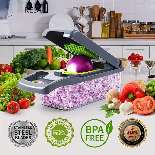 Vegetable chopper with green grating plate and clear container, purple dicing insert