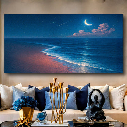 Landscape wall art canvas of moonlit ocean and beach shoreline at night