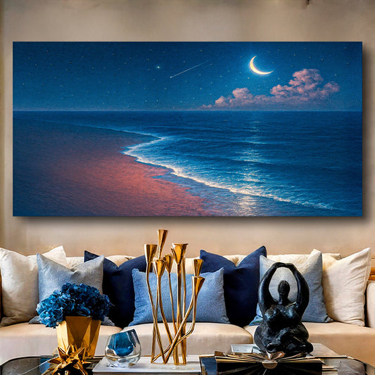 Landscape wall art canvas of moonlit ocean and beach shoreline at night