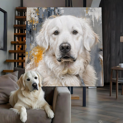 Abstract white dog portrait canvas with blue and gold splatter accents