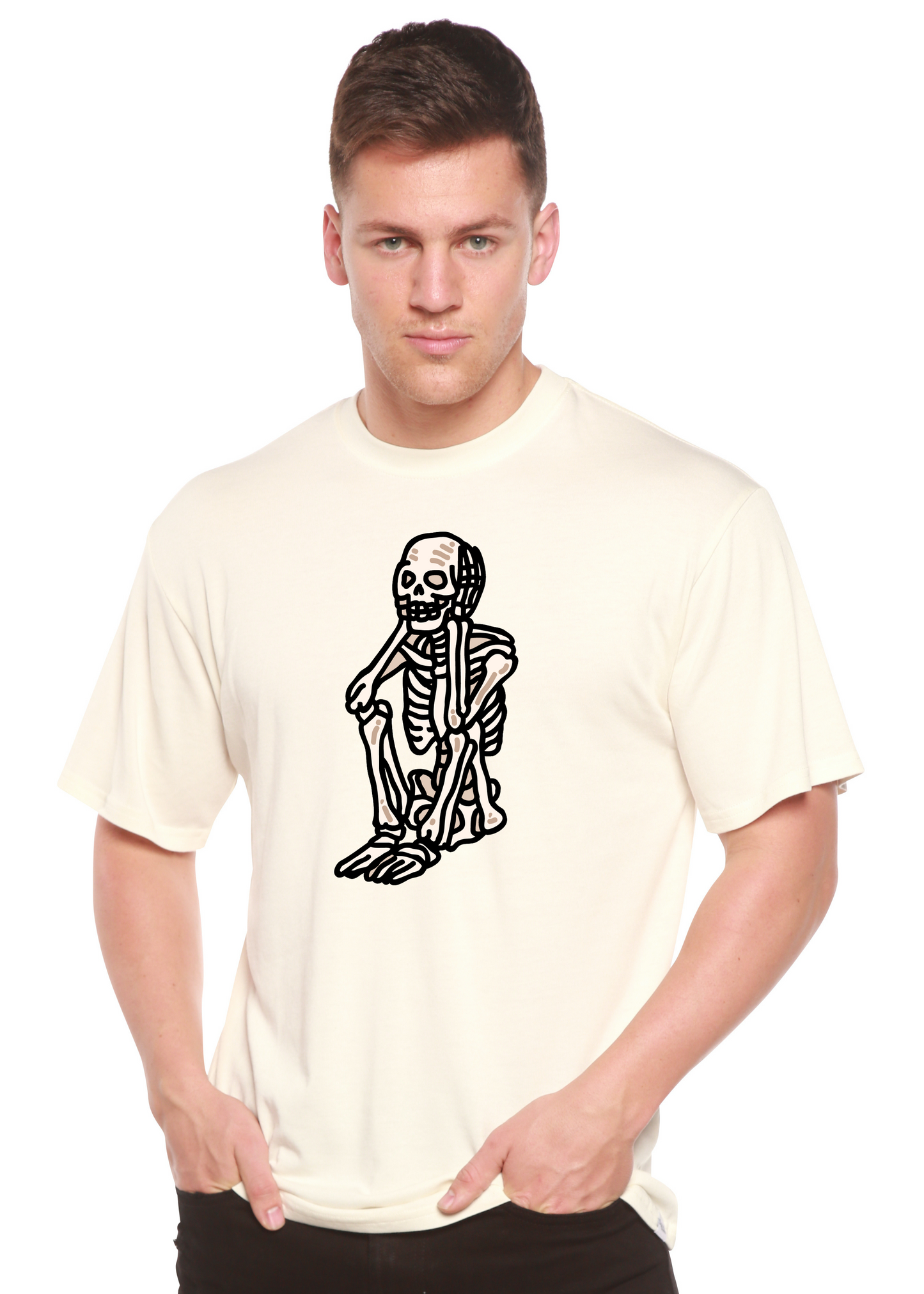 Off-white unisex graphic T-shirt with white skeleton standing print on chest.