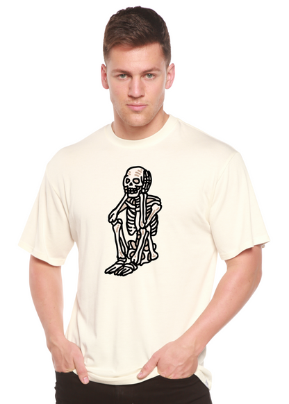 Off-white unisex graphic T-shirt with white skeleton standing print on chest.