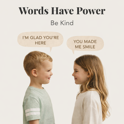 Words Have Power promotional graphic with kids speech bubbles and 'Be Kind' title