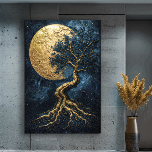Tree of Life wall art with a gold moon, blue starry night, and golden tree roots