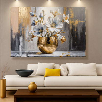Abstract canvas wall art with blue flowers in a gold vase and gray-gold brush strokes