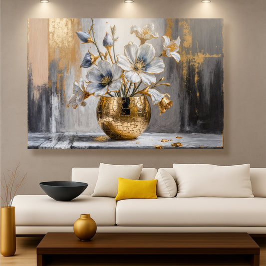 Abstract canvas wall art with blue flowers in a gold vase and gray-gold brush strokes