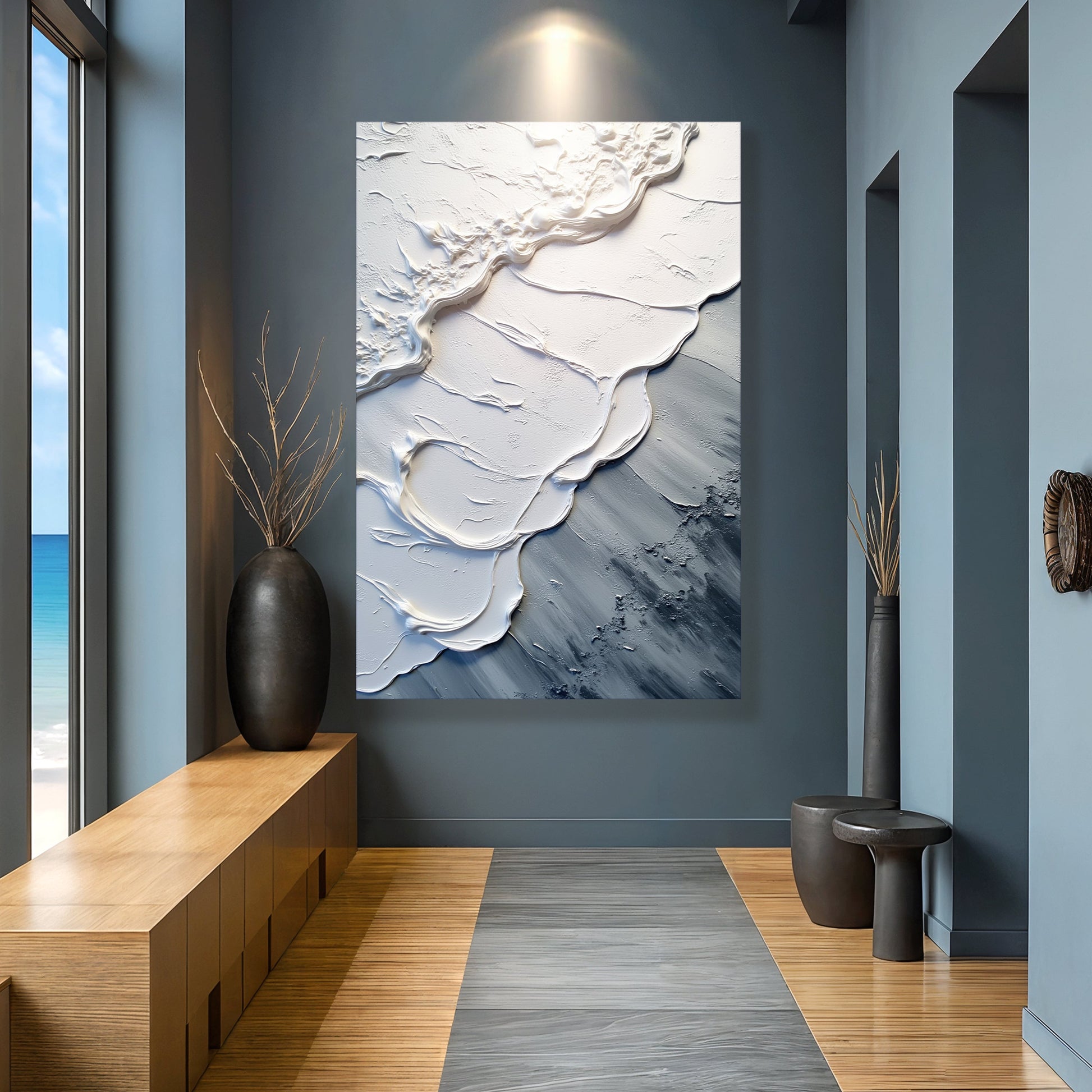 Abstract wave wall art with white textured wave contours on blue-gray background