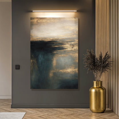 Vertical abstract landscape wall art canvas with teal river tones and golden sky