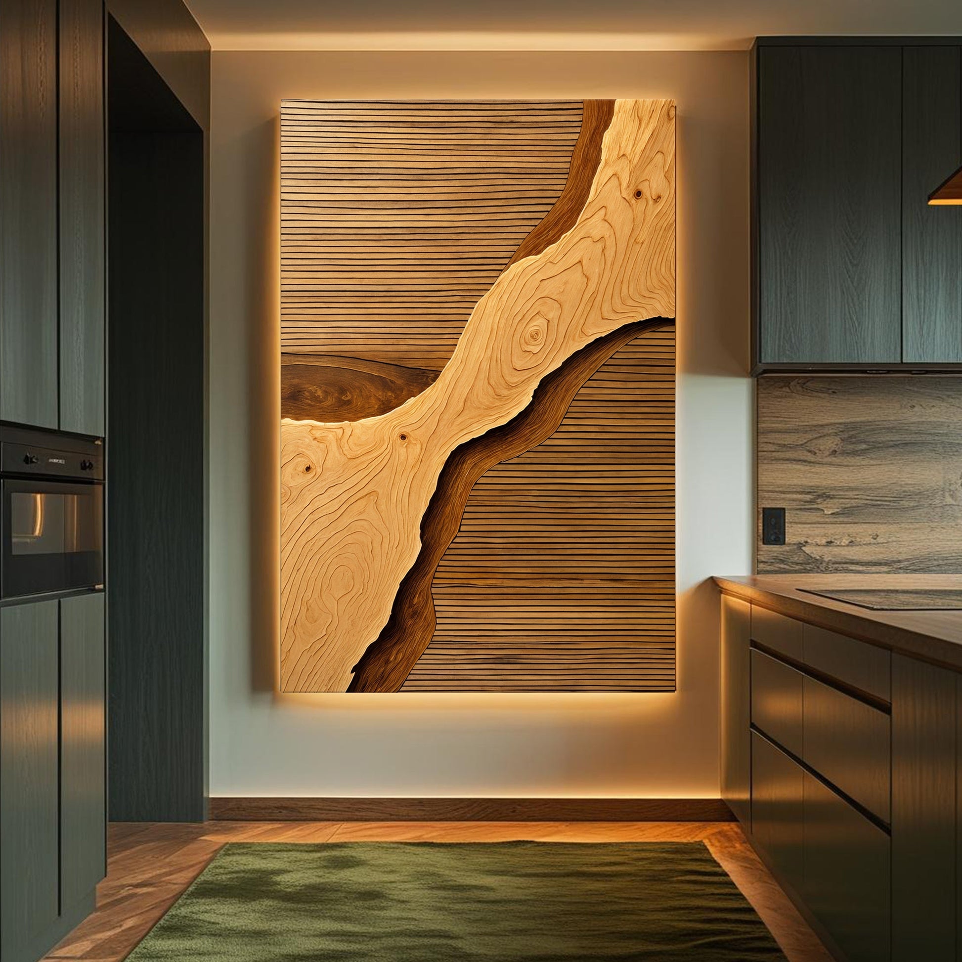 Wood rift wall art featuring light wood grain with a wavy dark stripe