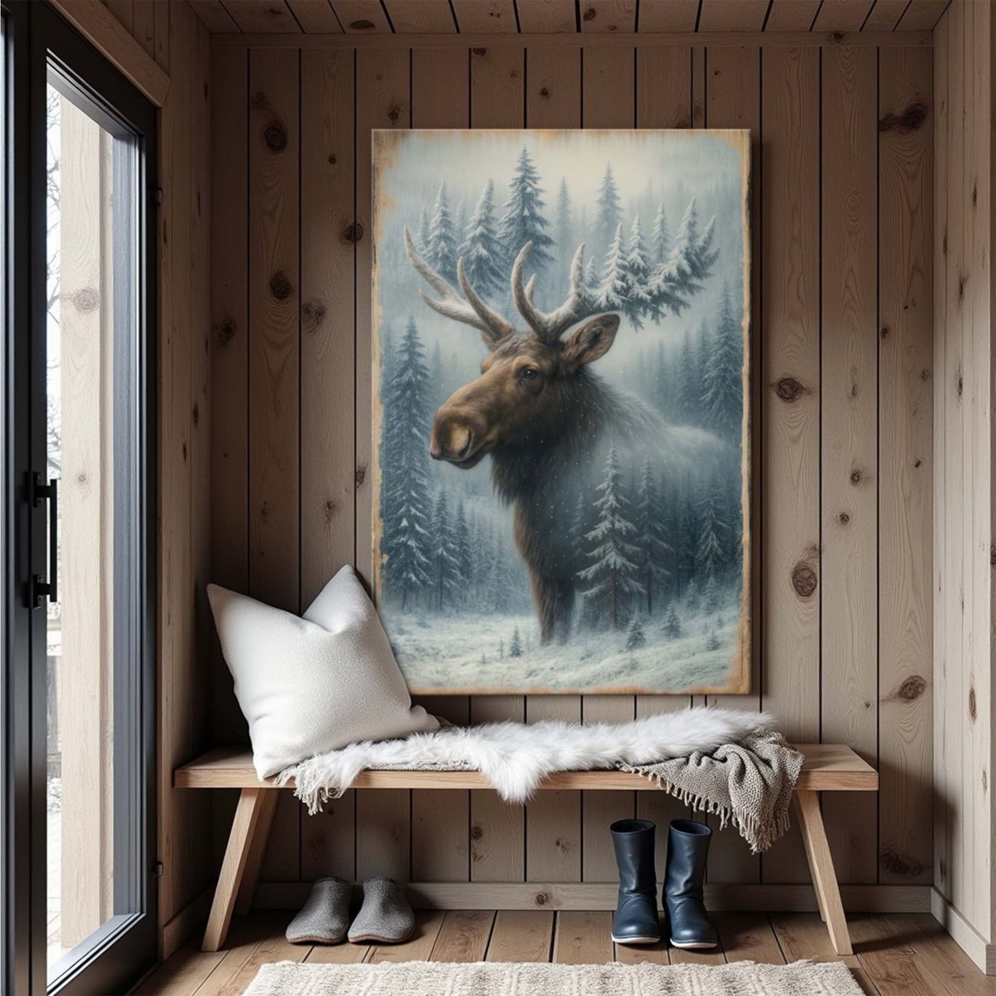 Moose and forest double-exposure wall art canvas with blue pine backdrop, in frame
