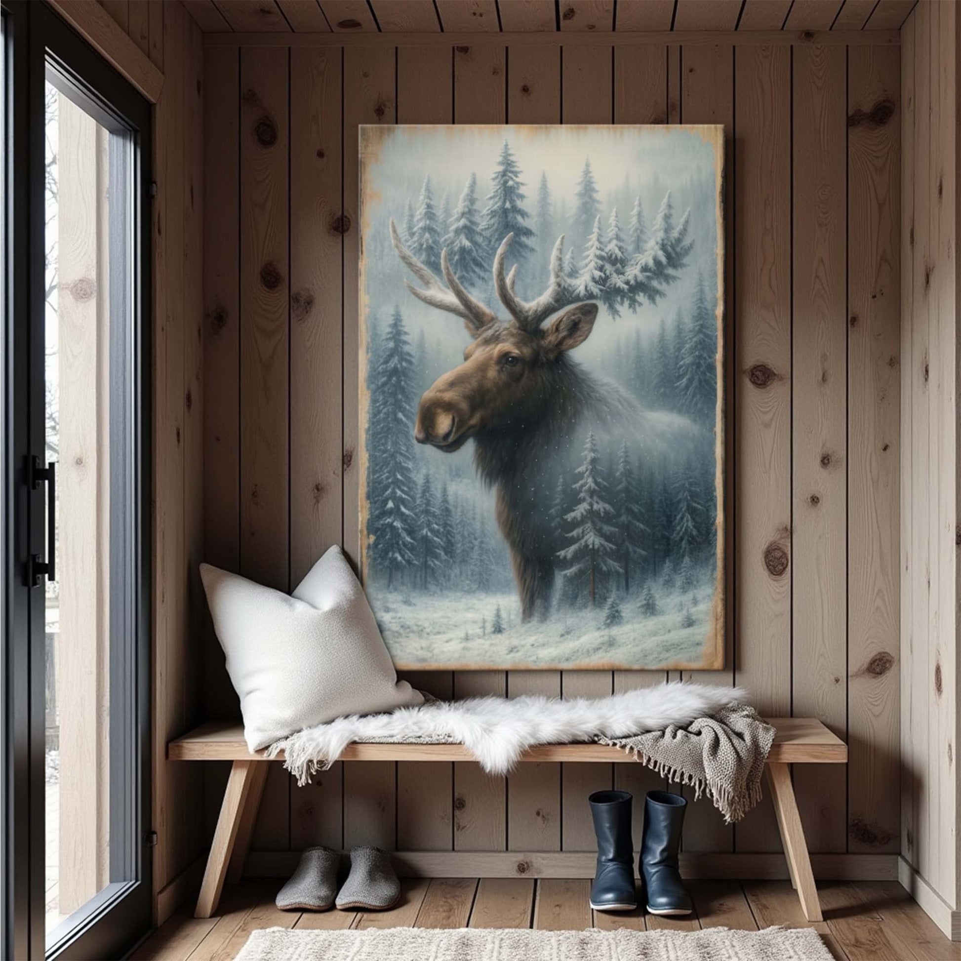 Moose and forest double-exposure wall art canvas with blue pine backdrop, in frame