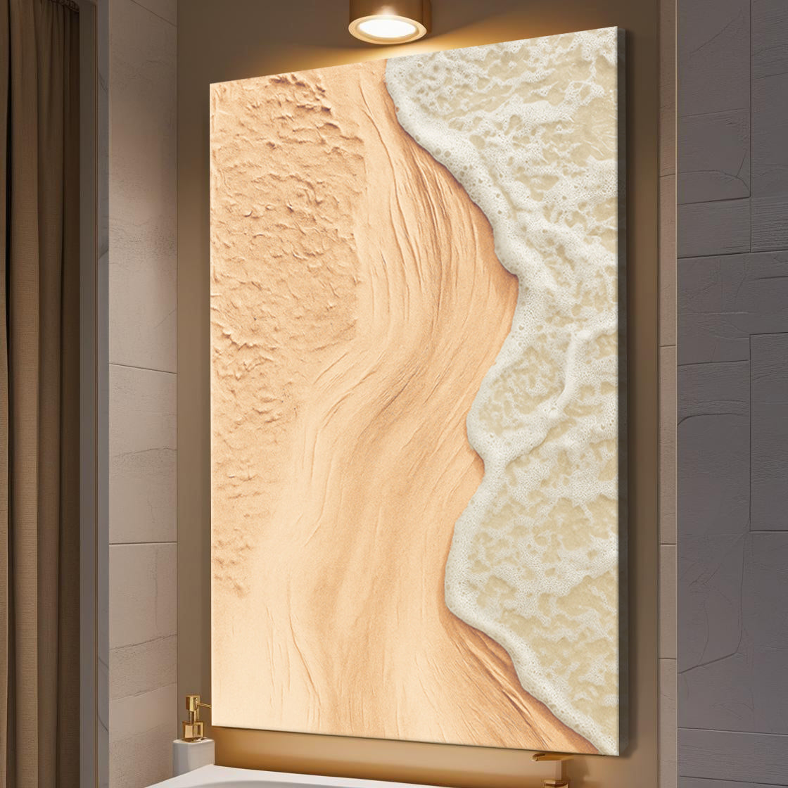 Beige coastal wall art canvas with textured sand and white wave line