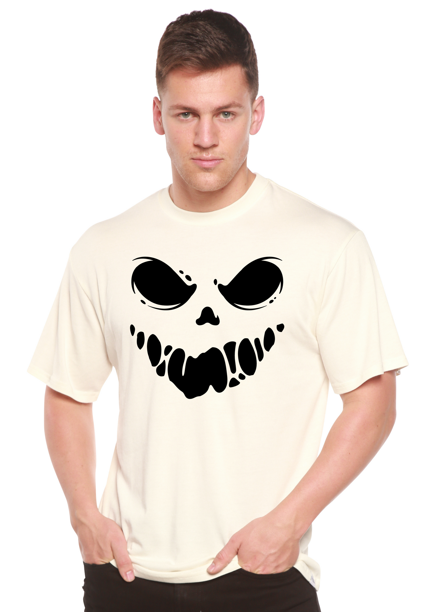 Men's off-white short sleeve graphic T-shirt with black skull face print