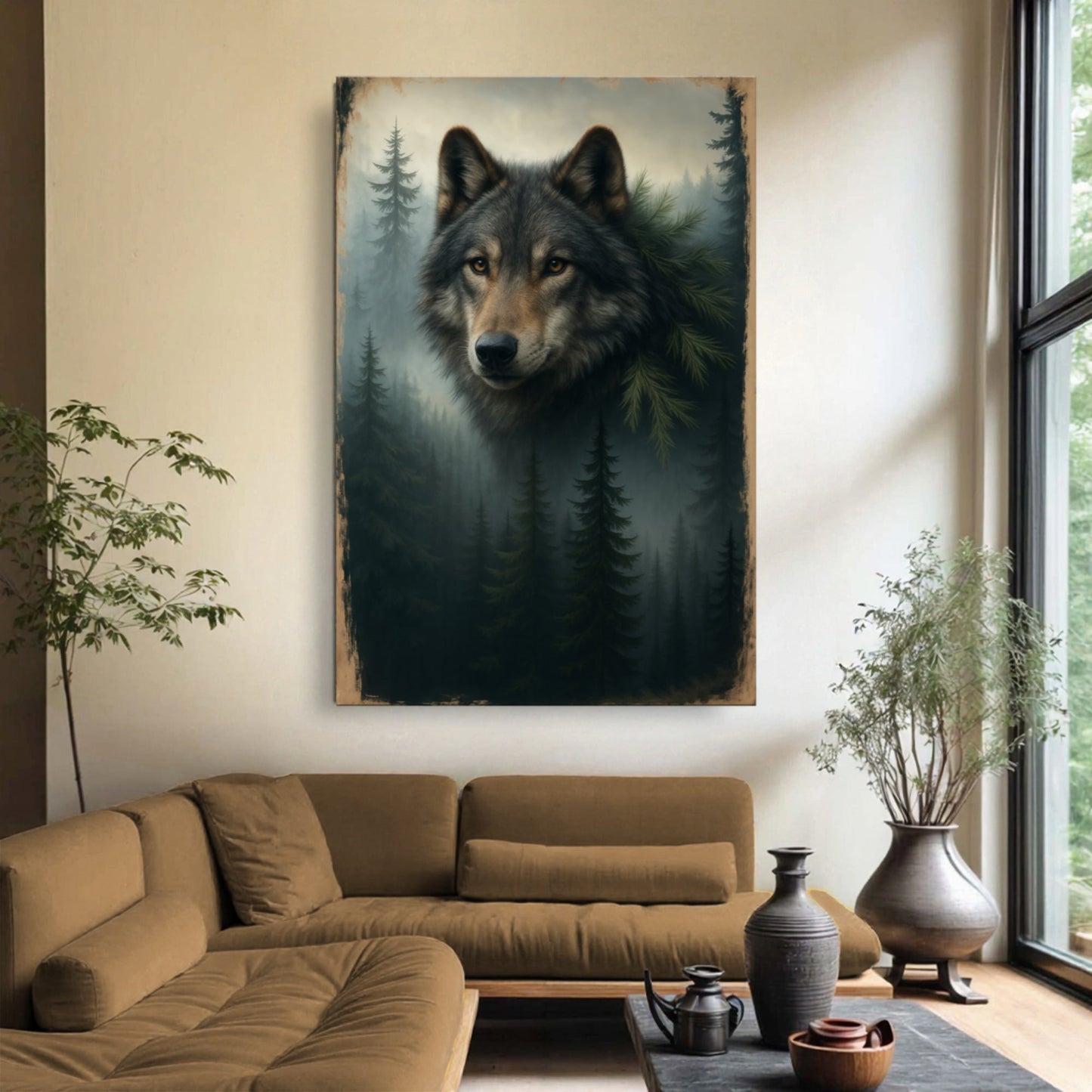Framed wolf and pine forest double exposure wall art canvas