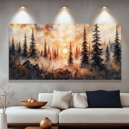 Forest sunset wall art with pine trees, rocky silhouettes, and a glowing moon in orange sky.